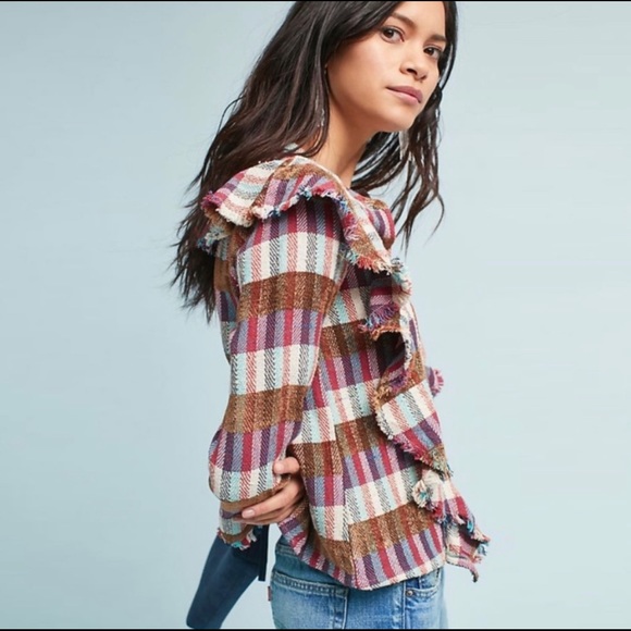 dRA Kelsey Plaid Fringe Ruffle Top Medium - Picture 2 of 9